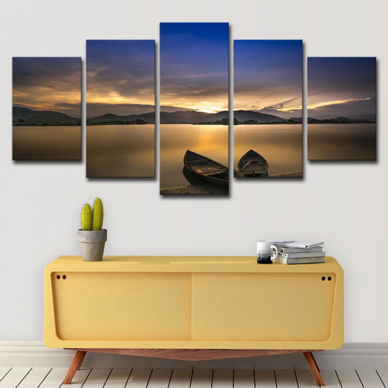 Light Yellow Modern Canvas Print Stranded Boats on the Lake Sunset View Wall Art for Home Light Yellow Clearhalo 'Art Gallery' 'Canvas Art' 'Contemporary Art Gallery' 'Modern' Arts' 1614676