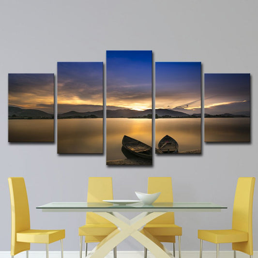 Light Yellow Modern Canvas Print Stranded Boats on the Lake Sunset View Wall Art for Home Clearhalo 'Art Gallery' 'Canvas Art' 'Contemporary Art Gallery' 'Modern' Arts' 1614677