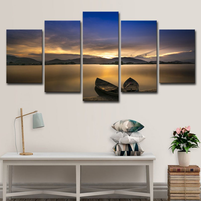 Light Yellow Modern Canvas Print Stranded Boats on the Lake Sunset View Wall Art for Home Clearhalo 'Art Gallery' 'Canvas Art' 'Contemporary Art Gallery' 'Modern' Arts' 1614678