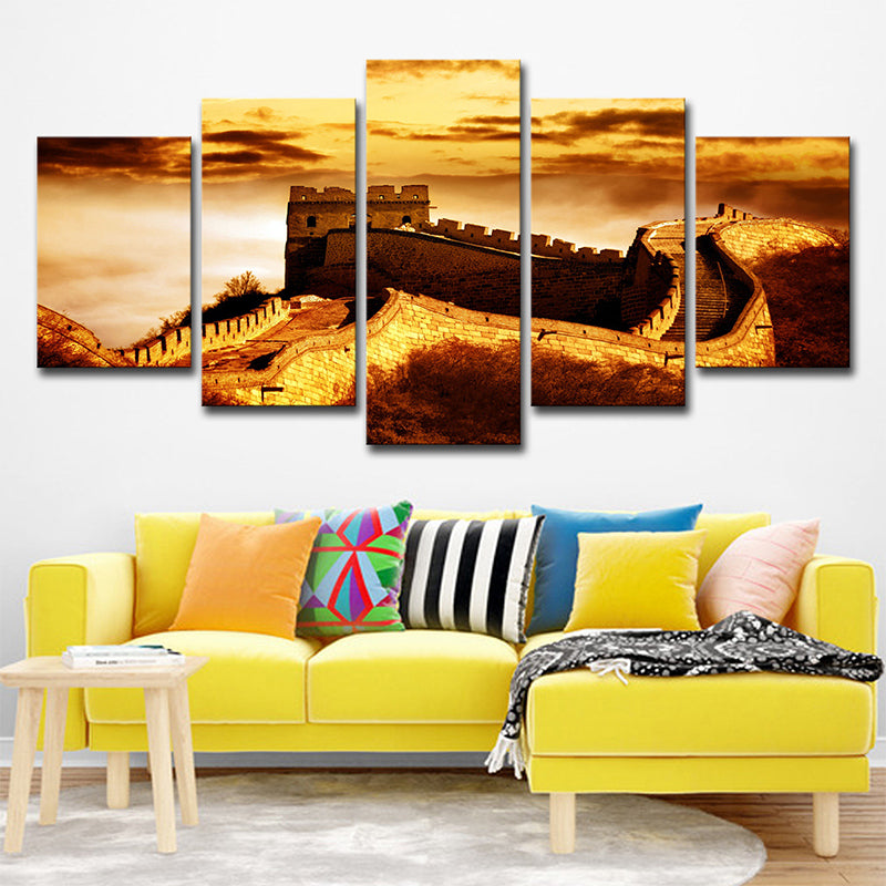 Yellow Global Inspired Canvas Dusk Sunlight on the Great Wall Art Print for Home Yellow Clearhalo 'Art Gallery' 'Canvas Art' 'Contemporary Art Gallery' 'Modern' Arts' 1614725