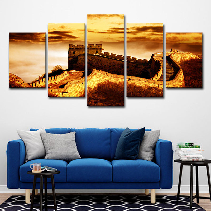 Yellow Global Inspired Canvas Dusk Sunlight on the Great Wall Art Print for Home Clearhalo 'Art Gallery' 'Canvas Art' 'Contemporary Art Gallery' 'Modern' Arts' 1614726