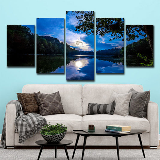 Rustic Night Scenery Wall Art Blue Lake Reflection of Moon and Forest Canvas Print Blue Clearhalo 'Art Gallery' 'Canvas Art' 'Country Art Gallery' 'French Country' 'Rustic' Arts' 1614746