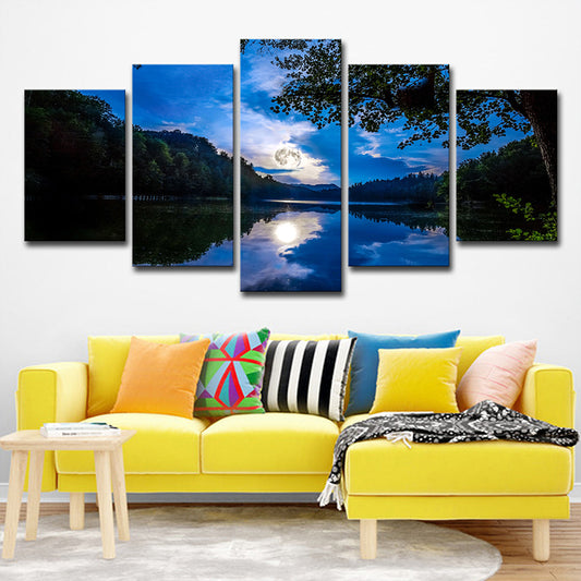Rustic Night Scenery Wall Art Blue Lake Reflection of Moon and Forest Canvas Print Clearhalo 'Art Gallery' 'Canvas Art' 'Country Art Gallery' 'French Country' 'Rustic' Arts' 1614747