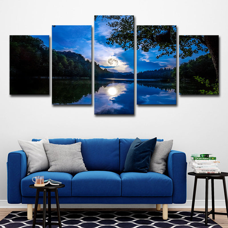 Rustic Night Scenery Wall Art Blue Lake Reflection of Moon and Forest Canvas Print Clearhalo 'Art Gallery' 'Canvas Art' 'Country Art Gallery' 'French Country' 'Rustic' Arts' 1614748