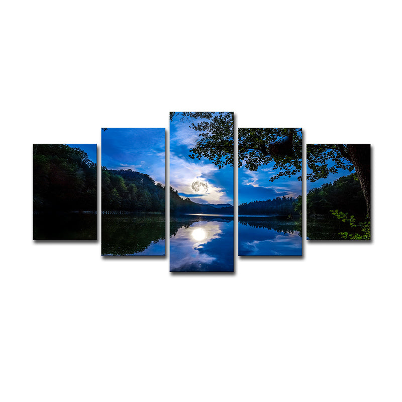 Rustic Night Scenery Wall Art Blue Lake Reflection of Moon and Forest Canvas Print Clearhalo 'Art Gallery' 'Canvas Art' 'Country Art Gallery' 'French Country' 'Rustic' Arts' 1614749