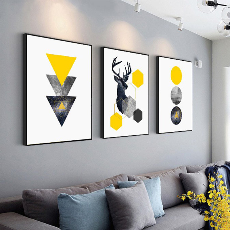 Illustration Simplicity Wall Art Set with Elk and Geometric Pattern in Black-Yellow Black Clearhalo 'Arts' 'Canvas Art' 1614753