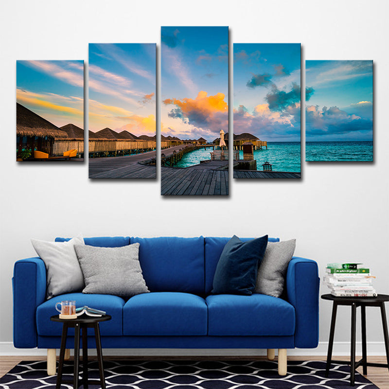 Maldives Sunset View Wall Art Multi-Piece Tropics Hotel Canvas Print in Blue Blue Clearhalo 'Art Gallery' 'Canvas Art' 'Coastal Art Gallery' 'Tropical' Arts' 1614766