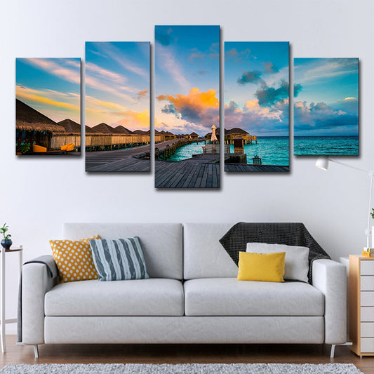 Maldives Sunset View Wall Art Multi-Piece Tropics Hotel Canvas Print in Blue Clearhalo 'Art Gallery' 'Canvas Art' 'Coastal Art Gallery' 'Tropical' Arts' 1614767