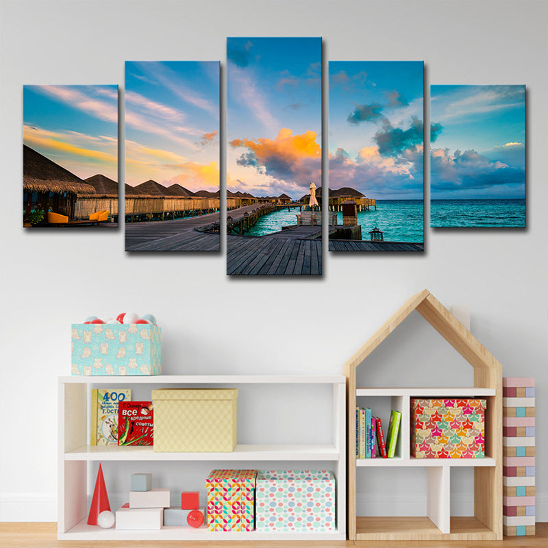 Maldives Sunset View Wall Art Multi-Piece Tropics Hotel Canvas Print in Blue Clearhalo 'Art Gallery' 'Canvas Art' 'Coastal Art Gallery' 'Tropical' Arts' 1614768