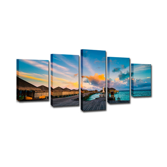 Maldives Sunset View Wall Art Multi-Piece Tropics Hotel Canvas Print in Blue Clearhalo 'Art Gallery' 'Canvas Art' 'Coastal Art Gallery' 'Tropical' Arts' 1614769