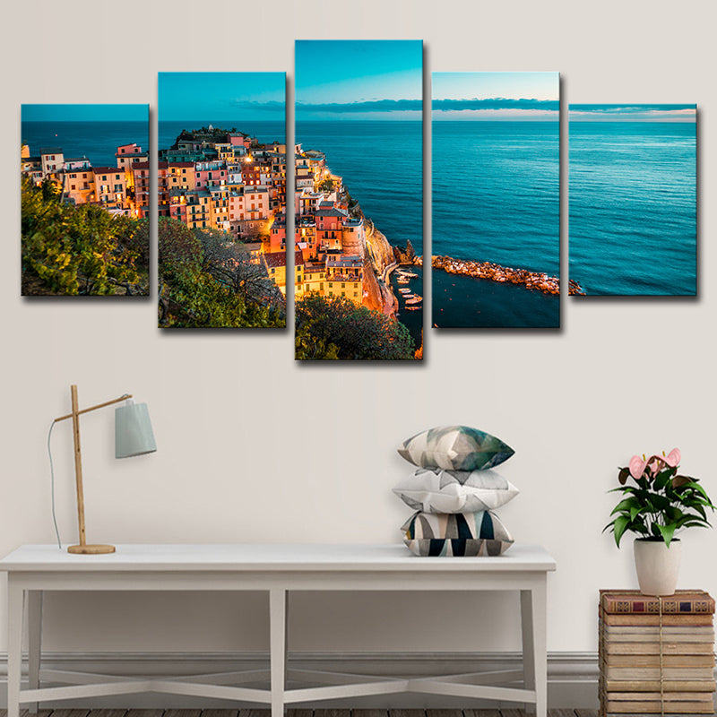 Multi-Piece Italy Cinque Terre Art Print Global Inspired Canvas Wall Decor for Living Room Blue Clearhalo 'Arts' 'Canvas Art' 1614794