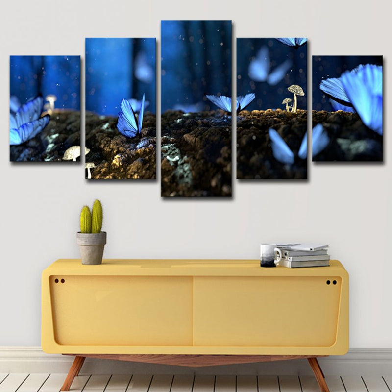 Blue Modern Canvas Art Butterflies on the Rotten Trunk Wall Decor for Living Room Clearhalo 'Art Gallery' 'Canvas Art' 'Contemporary Art Gallery' 'Modern' Arts' 1614803
