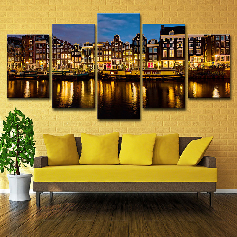 Amsterdam Canal Night Landscape Art Print Modern Multi-Piece Living Room Wall Decor Yellow Clearhalo 'Art Gallery' 'Canvas Art' 'Contemporary Art Gallery' 'Modern' Arts' 1614815