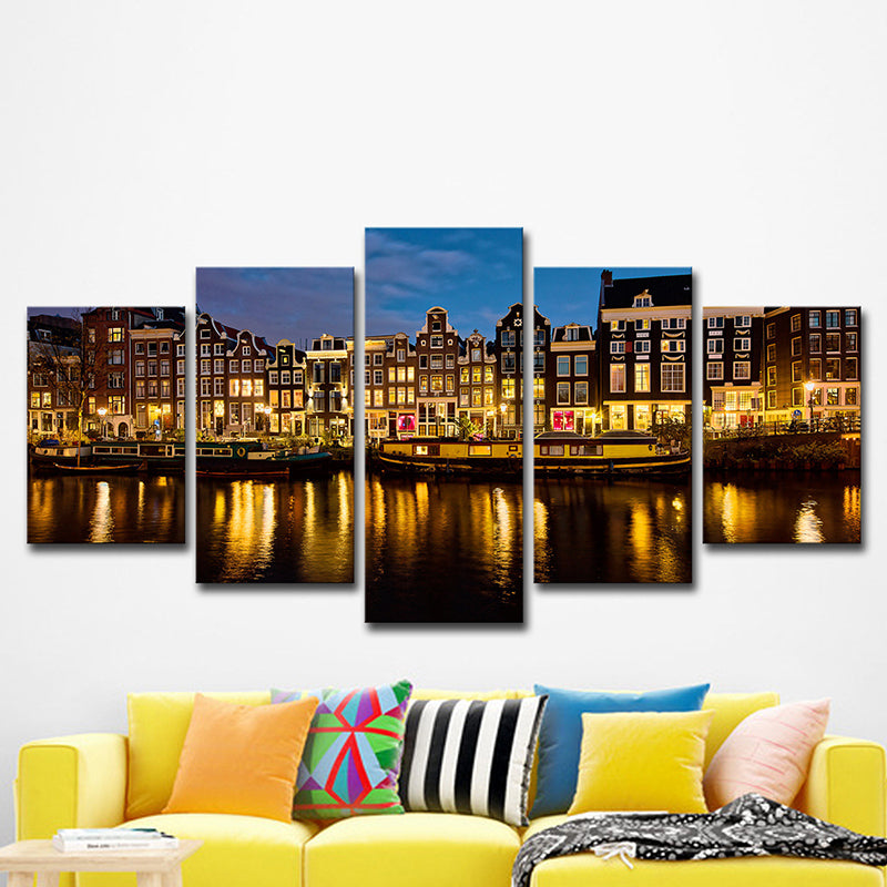 Amsterdam Canal Night Landscape Art Print Modern Multi-Piece Living Room Wall Decor Clearhalo 'Art Gallery' 'Canvas Art' 'Contemporary Art Gallery' 'Modern' Arts' 1614816