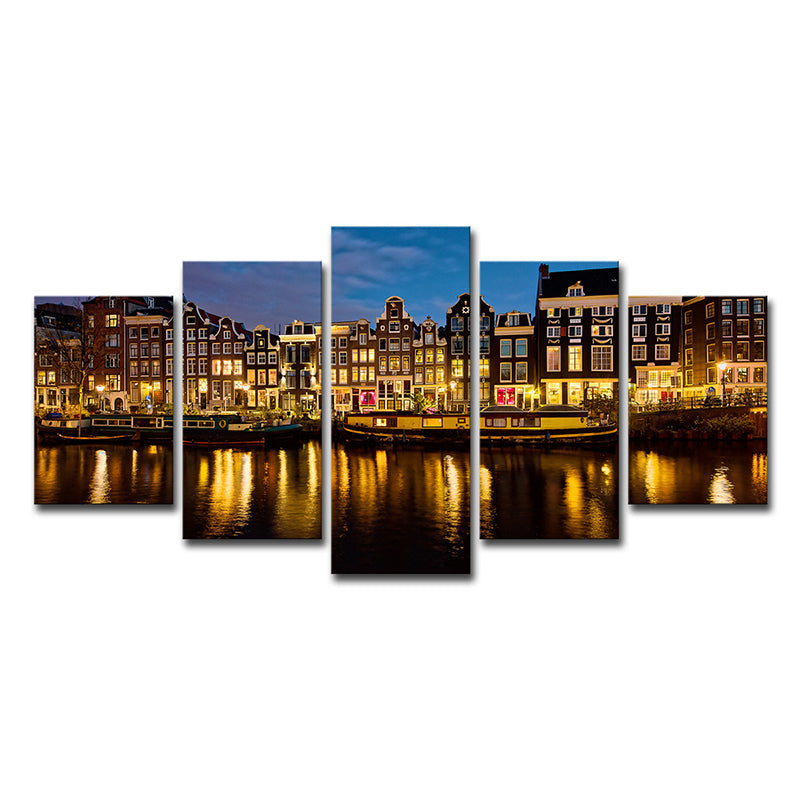 Amsterdam Canal Night Landscape Art Print Modern Multi-Piece Living Room Wall Decor Clearhalo 'Art Gallery' 'Canvas Art' 'Contemporary Art Gallery' 'Modern' Arts' 1614818