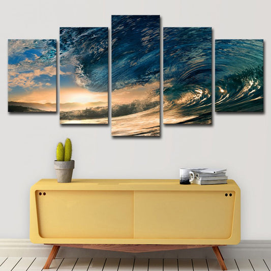 Sunset Surge Seascape Wall Art Modern Multi-Piece Canvas Print in Blue for Bedroom Blue Clearhalo 'Art Gallery' 'Canvas Art' 'Contemporary Art Gallery' 'Modern' Arts' 1614822