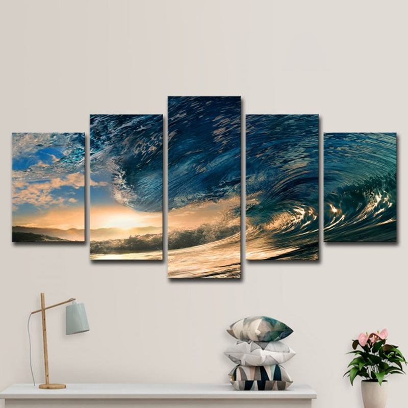 Sunset Surge Seascape Wall Art Modern Multi-Piece Canvas Print in Blue for Bedroom Clearhalo 'Art Gallery' 'Canvas Art' 'Contemporary Art Gallery' 'Modern' Arts' 1614823