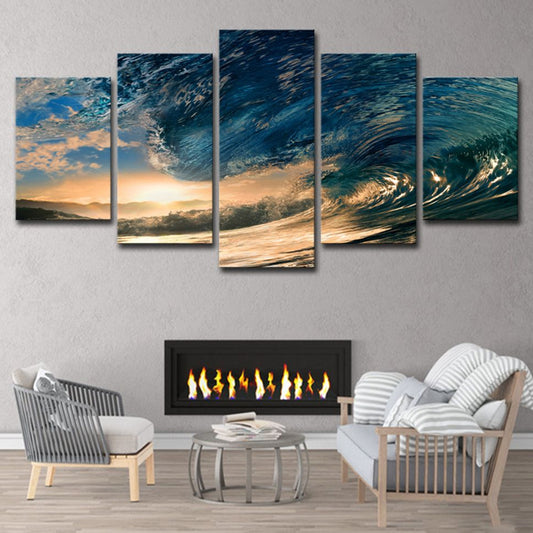 Sunset Surge Seascape Wall Art Modern Multi-Piece Canvas Print in Blue for Bedroom Clearhalo 'Art Gallery' 'Canvas Art' 'Contemporary Art Gallery' 'Modern' Arts' 1614824