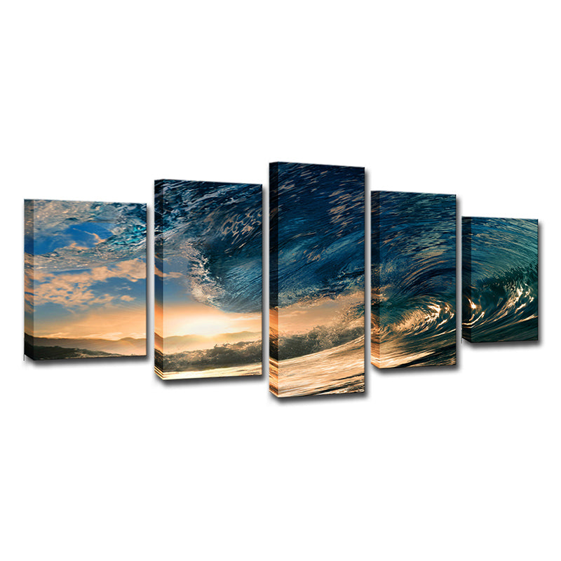 Sunset Surge Seascape Wall Art Modern Multi-Piece Canvas Print in Blue for Bedroom Clearhalo 'Art Gallery' 'Canvas Art' 'Contemporary Art Gallery' 'Modern' Arts' 1614825