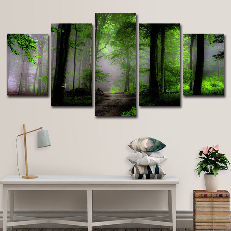Dawn Forest View Wall Art Contemporary Tranquil Natural Scenery Canvas Print in Green Green Clearhalo 'Art Gallery' 'Canvas Art' 'Contemporary Art Gallery' 'Modern' Arts' 1614850
