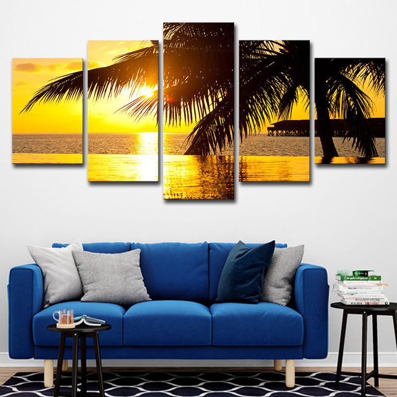 Yellow Tropix Canvas Art Sunset Seascape with Coconut Tree Print Wall Decor for Home Yellow Clearhalo 'Art Gallery' 'Canvas Art' 'Contemporary Art Gallery' 'Modern' Arts' 1614857