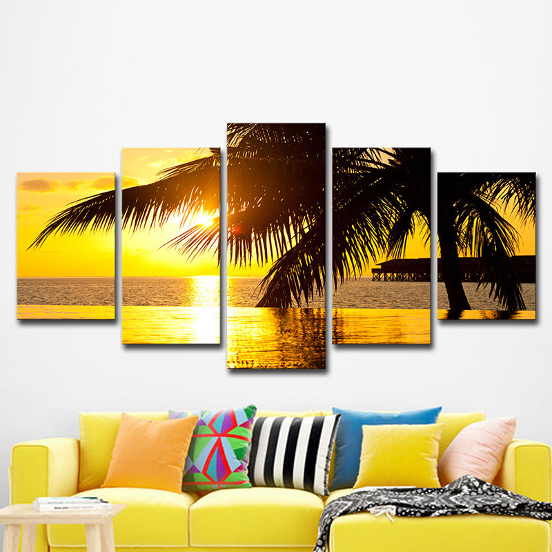 Yellow Tropix Canvas Art Sunset Seascape with Coconut Tree Print Wall Decor for Home Clearhalo 'Art Gallery' 'Canvas Art' 'Contemporary Art Gallery' 'Modern' Arts' 1614858
