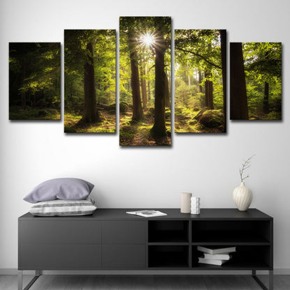 Sun Shines Through Forest Canvas Contemporary Multi-Piece Wall Art Print in Green Green Clearhalo 'Art Gallery' 'Canvas Art' 'Contemporary Art Gallery' 'Modern' Arts' 1614871