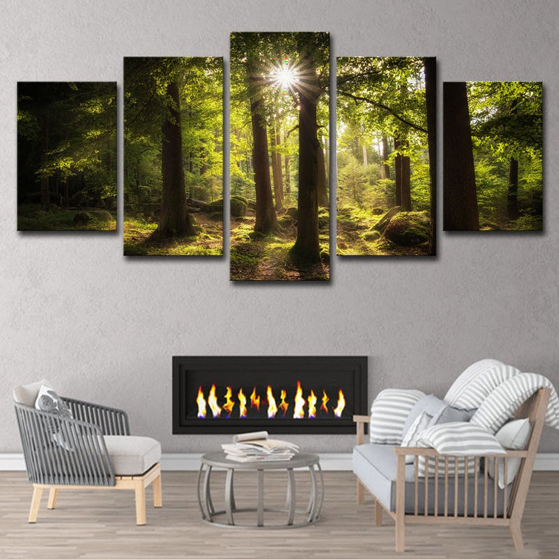 Sun Shines Through Forest Canvas Contemporary Multi-Piece Wall Art Print in Green Clearhalo 'Art Gallery' 'Canvas Art' 'Contemporary Art Gallery' 'Modern' Arts' 1614873