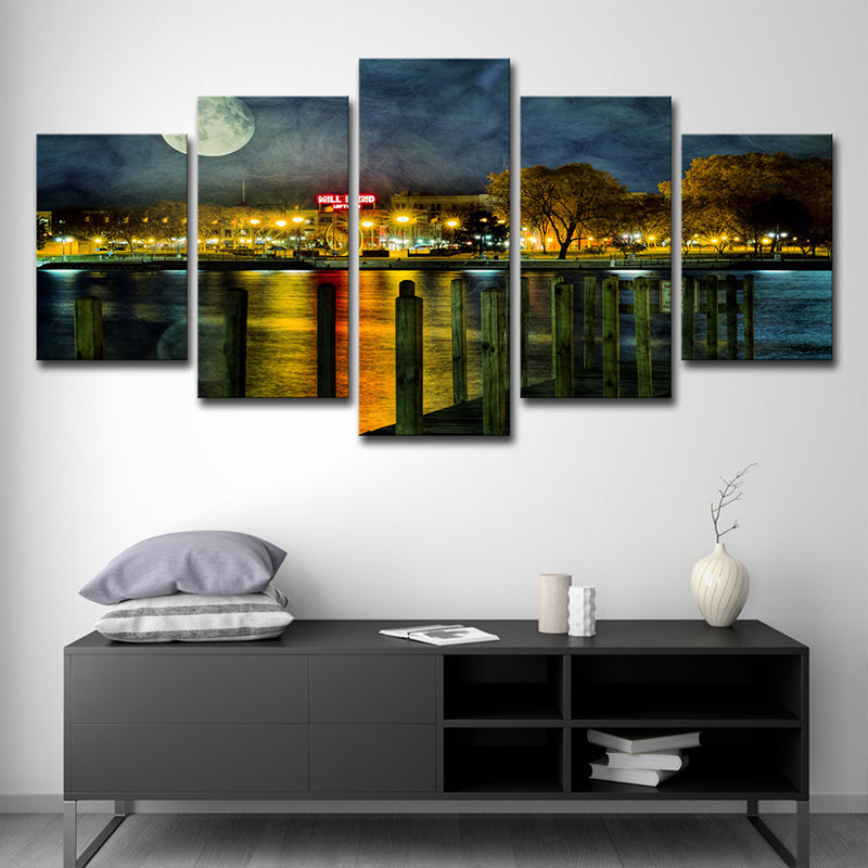 Yellow Urban Canvas Print Riverside City Night with Super Moon Scenery Wall Art for Room Clearhalo 'Art Gallery' 'Canvas Art' 'Contemporary Art Gallery' 'Modern' Arts' 1614900