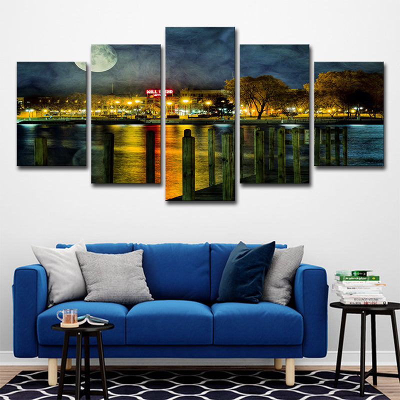 Yellow Urban Canvas Print Riverside City Night with Super Moon Scenery Wall Art for Room Clearhalo 'Art Gallery' 'Canvas Art' 'Contemporary Art Gallery' 'Modern' Arts' 1614901