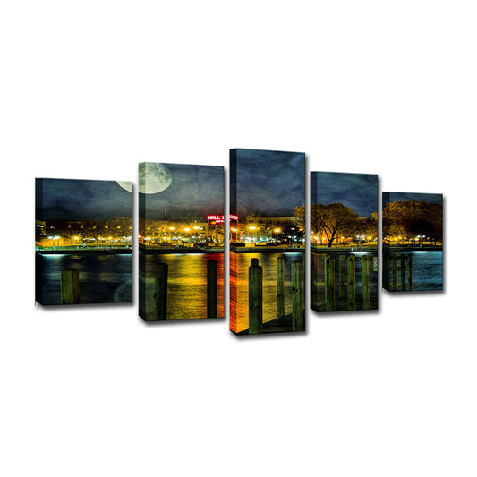 Yellow Urban Canvas Print Riverside City Night with Super Moon Scenery Wall Art for Room Clearhalo 'Art Gallery' 'Canvas Art' 'Contemporary Art Gallery' 'Modern' Arts' 1614902