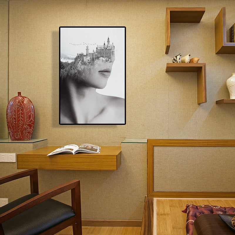 Mixed Media Vintage Canvas Wall Art with Woman and Mountain Castle Pattern in Grey Grey Clearhalo 'Arts' 'Canvas Art' 1614906