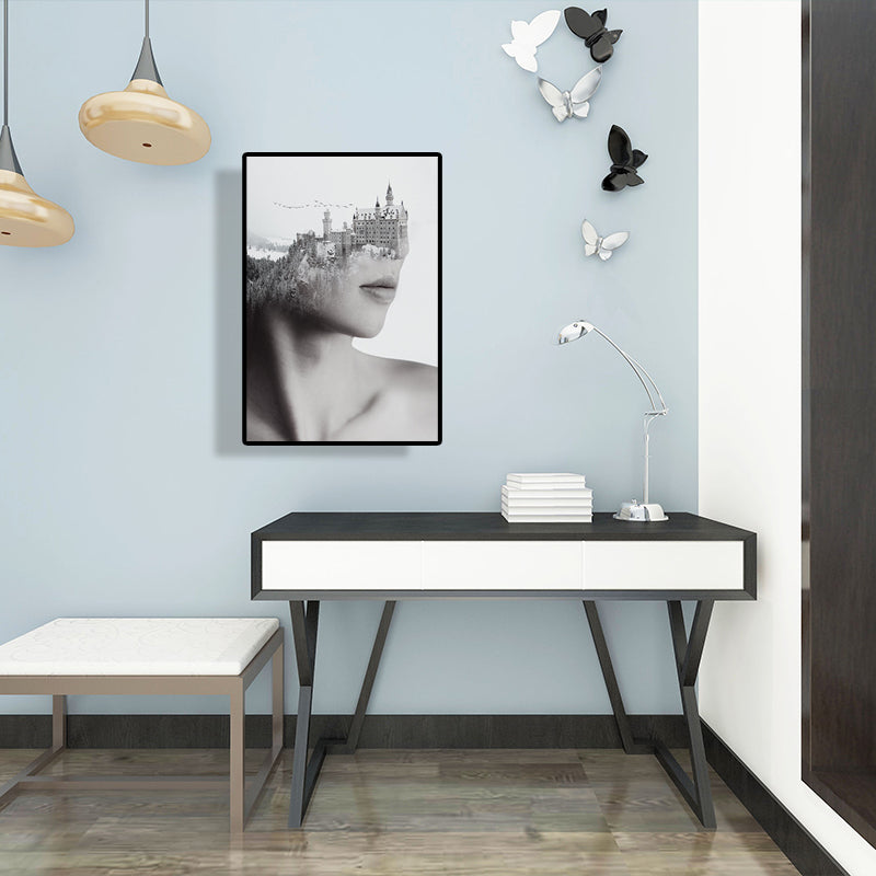 Mixed Media Vintage Canvas Wall Art with Woman and Mountain Castle Pattern in Grey Clearhalo 'Arts' 'Canvas Art' 1614908