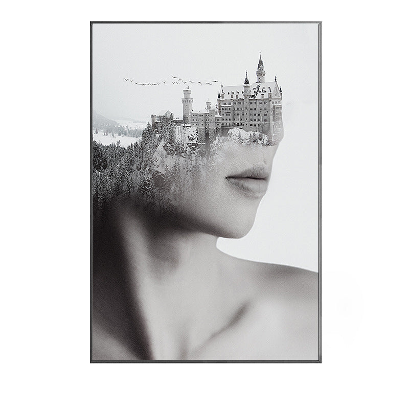 Mixed Media Vintage Canvas Wall Art with Woman and Mountain Castle Pattern in Grey Clearhalo 'Arts' 'Canvas Art' 1614909