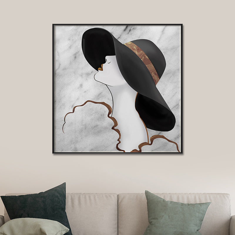 Vrouw in floppy hoed canvas kunst glamus elegant figuur muur decor in zwart voor meisjes kamer