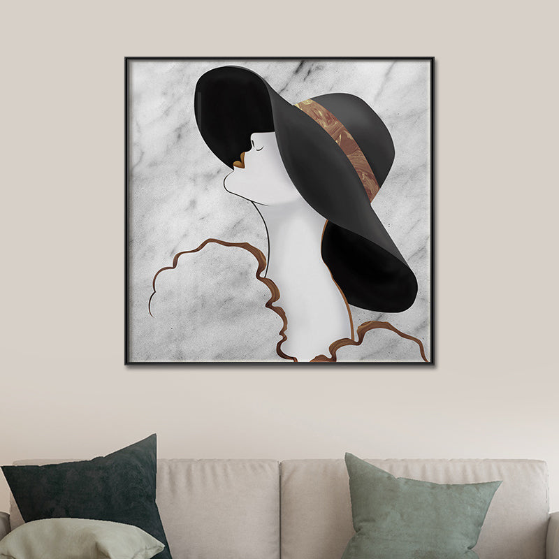Woman in Floppy Hat Canvas Art Glam Elegant Figure Wall Decor in Black for Girls Room Black Clearhalo 'Arts' 'Canvas Art' 1614927
