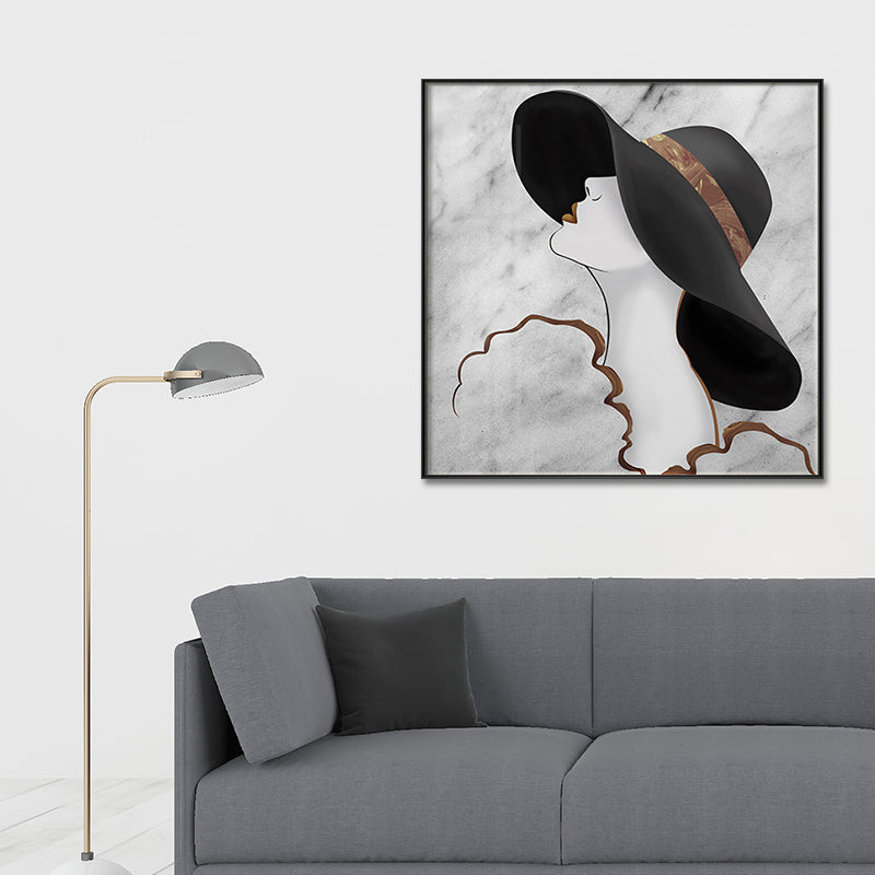Woman in Floppy Hat Canvas Art Glam Elegant Figure Wall Decor in Black for Girls Room Clearhalo 'Arts' 'Canvas Art' 1614928