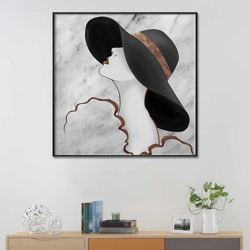 Woman in Floppy Hat Canvas Art Glam Elegant Figure Wall Decor in Black for Girls Room Clearhalo 'Arts' 'Canvas Art' 1614929