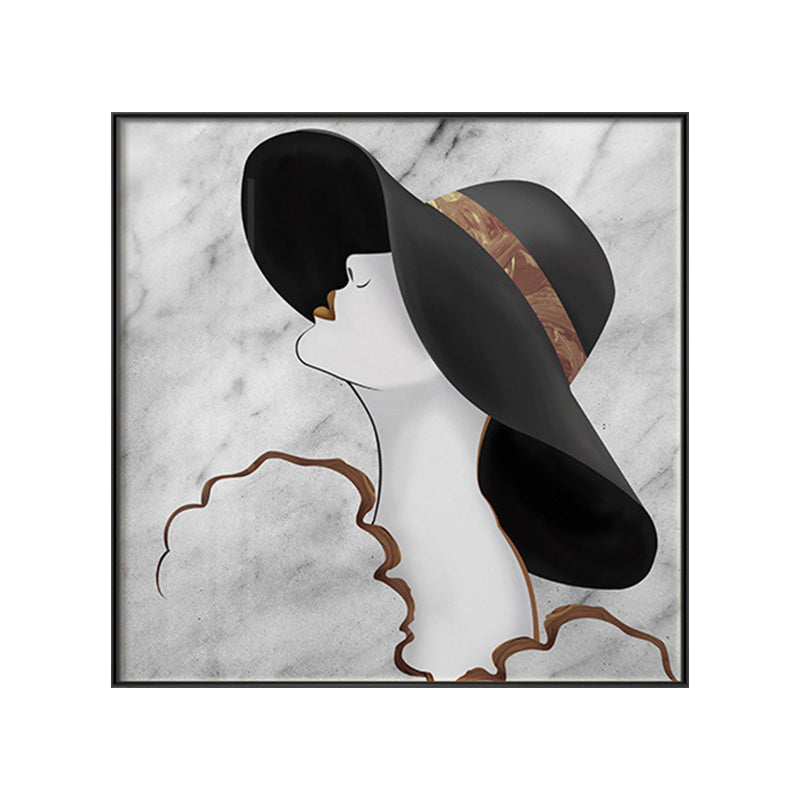 Woman in Floppy Hat Canvas Art Glam Elegant Figure Wall Decor in Black for Girls Room Clearhalo 'Arts' 'Canvas Art' 1614930