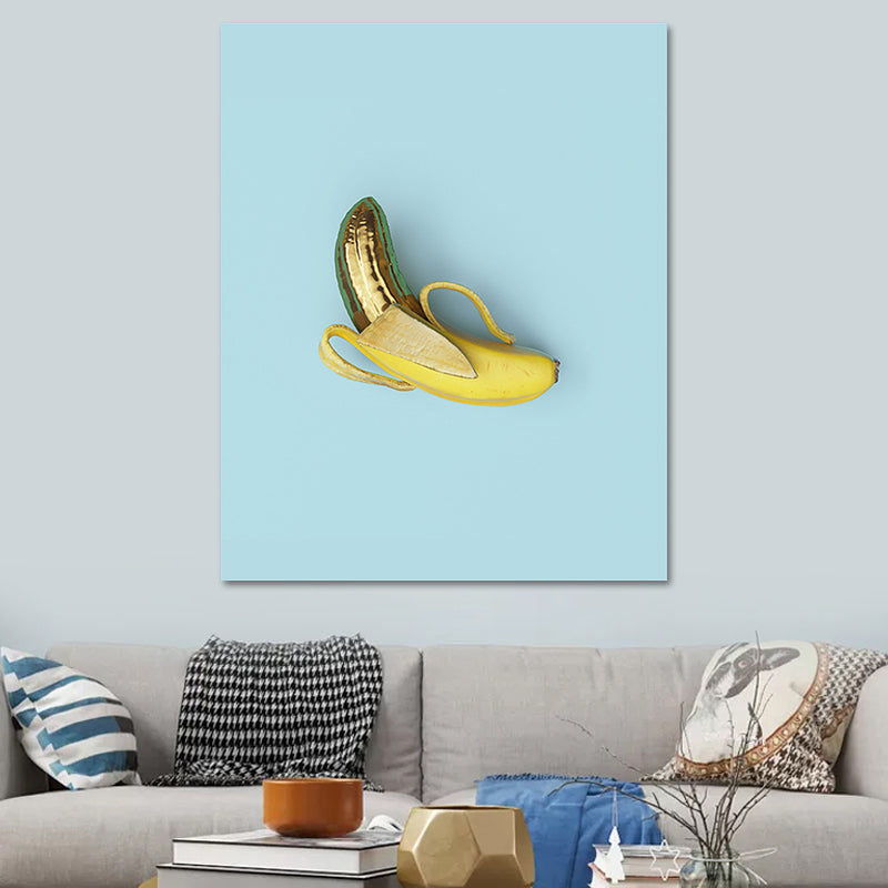 Ripped Banana Wall Decor Minimalism Canvas Wall Art Print in Yellow on Blue for Room Blue Clearhalo 'Art Gallery' 'Canvas Art' 'Contemporary Art Gallery' 'Modern' Arts' 1614934