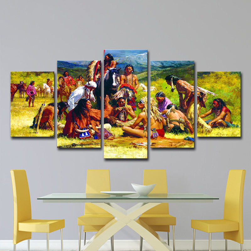 Modern Indians Painting Art Print Canvas Multi-Piece Yellow Wall Decor for Dining Room Clearhalo 'Art Gallery' 'Canvas Art' 'Contemporary Art Gallery' 'Modern' Arts' 1614956