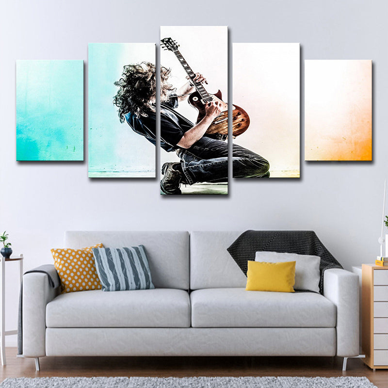 Cool Man Playing Guitar Canvas Art for Sitting Room, Blue and Black, Multi-Piece Blue Clearhalo 'Art Gallery' 'Canvas Art' 'Contemporary Art Gallery' 'Modern' Arts' 1614986