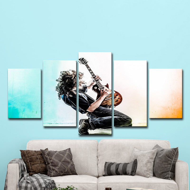 Cool Man Playing Guitar Canvas Art for Sitting Room, Blue and Black, Multi-Piece Clearhalo 'Art Gallery' 'Canvas Art' 'Contemporary Art Gallery' 'Modern' Arts' 1614987