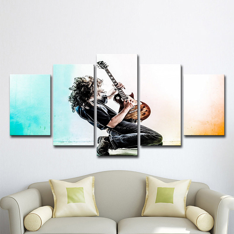 Cool Man Playing Guitar Canvas Art for Sitting Room, Blue and Black, Multi-Piece Clearhalo 'Art Gallery' 'Canvas Art' 'Contemporary Art Gallery' 'Modern' Arts' 1614988