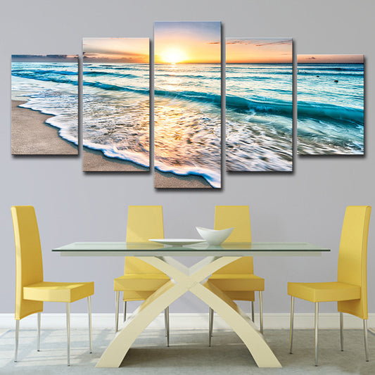 Sunset Beach Wave Art Print Ocean-Blue Canvas Wall Decor for Dining Room, Multi-Piece Ocean Blue Clearhalo 'Art Gallery' 'Canvas Art' 'Coastal Art Gallery' 'Nautical' Arts' 1614993