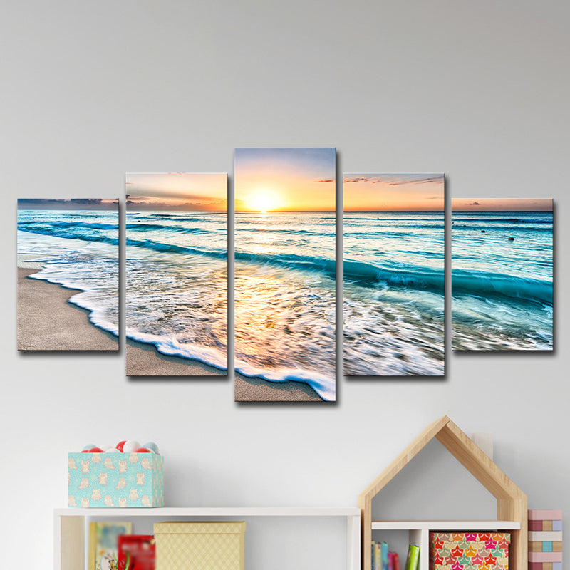 Sunset Beach Wave Art Print Ocean-Blue Canvas Wall Decor for Dining Room, Multi-Piece Clearhalo 'Art Gallery' 'Canvas Art' 'Coastal Art Gallery' 'Nautical' Arts' 1614994