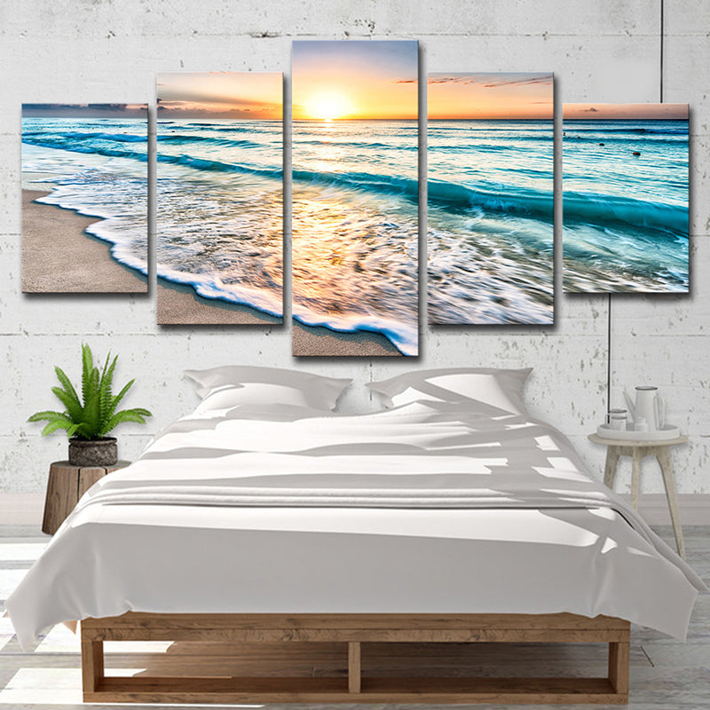 Sunset Beach Wave Art Print Ocean-Blue Canvas Wall Decor for Dining Room, Multi-Piece Clearhalo 'Art Gallery' 'Canvas Art' 'Coastal Art Gallery' 'Nautical' Arts' 1614995