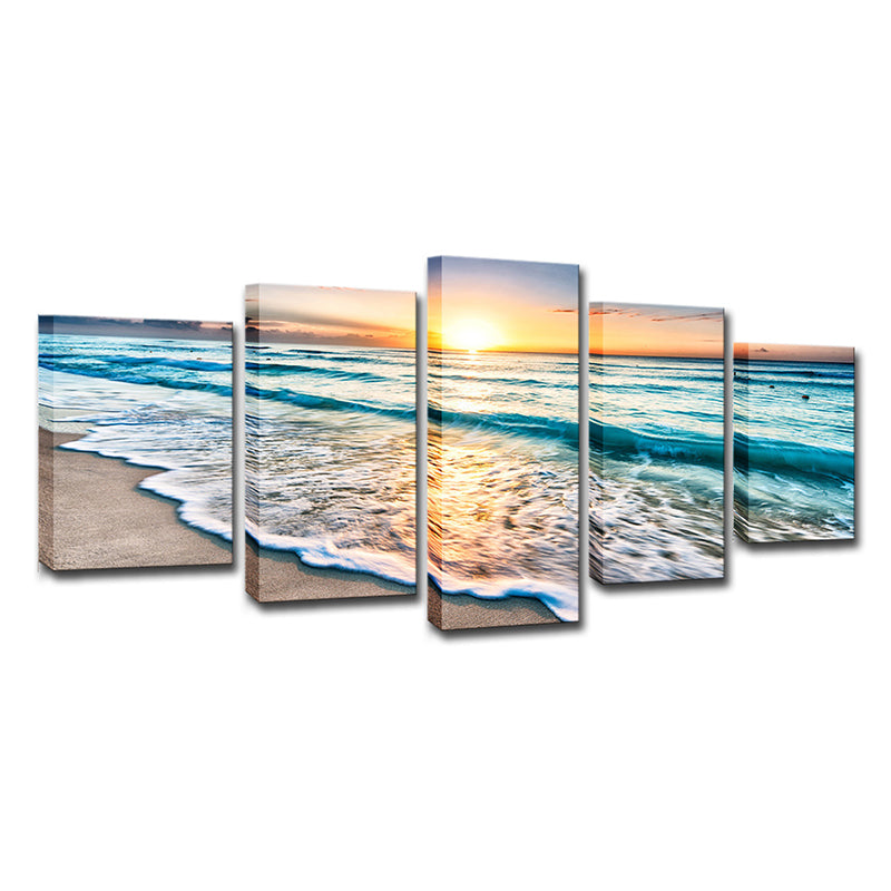 Sunset Beach Wave Art Print Ocean-Blue Canvas Wall Decor for Dining Room, Multi-Piece Clearhalo 'Art Gallery' 'Canvas Art' 'Coastal Art Gallery' 'Nautical' Arts' 1614996