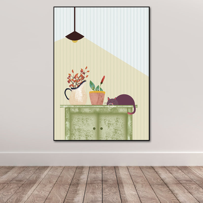 Kitty and Potted Plant Art Print Kids Style Textured Surface Sitting Room Canvas Green Clearhalo 'Art Gallery' 'Canvas Art' 'Kids' Arts' 1615000