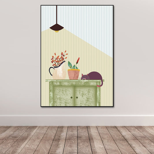 Kitty and Potted Plant Art Print Kids Style Textured Surface Sitting Room Canvas Green